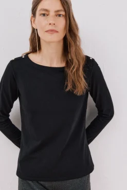 Cortefiel T-Shirts-T-shirt barco botões Preto