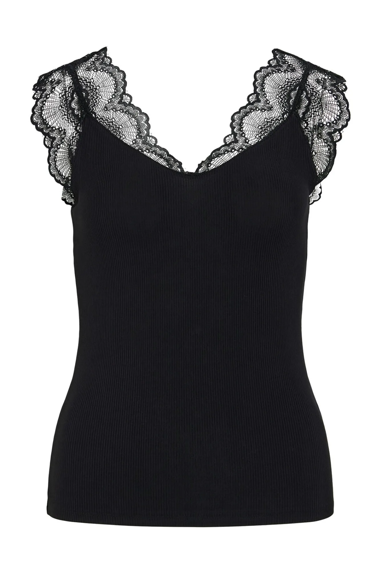 Vila T-Shirts-T-shirt canelada com renda Preto