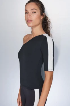 Dash and Stars T-Shirts-T-shirt com decote assimétrico bicolor preto