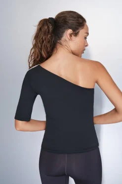 Dash and Stars T-Shirts-T-shirt com decote assimétrico bicolor preto