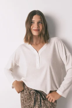 Women'secret T-Shirts-T-shirt de manga manga waffle marfim bege