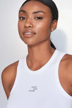 Dash and Stars T-Shirts-T-shirt halter de algodão canelado branco