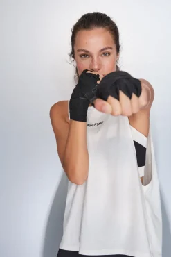 Dash and Stars T-Shirts-T-shirt halter sem mangas de algodão branco beige