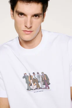 Selected T-Shirts-T-shirt manga com estampa 100% algodão orgânico Branco