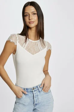 Morgan T-Shirts-T-shirt manga curta com renda Ecru