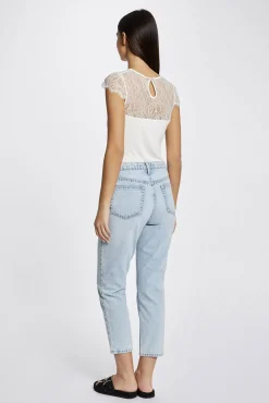 Morgan T-Shirts-T-shirt manga curta com renda Ecru