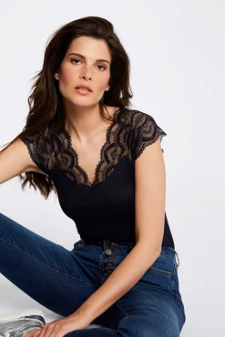 Morgan T-Shirts-T-shirt manga curta com renda Azul