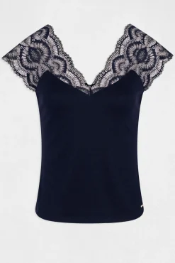 Morgan T-Shirts-T-shirt manga curta com renda Azul