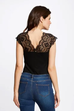 Morgan T-Shirts-T-shirt manga curta com renda Preto