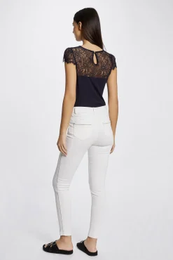 Morgan T-Shirts-T-shirt manga curta com renda Azul