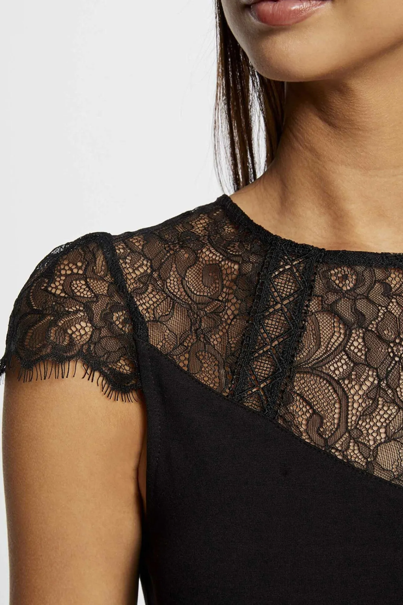 Morgan T-Shirts-T-shirt manga curta com renda Preto