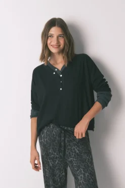 Women'secret T-Shirts-T-shirt preta de manga comprida waffle preto