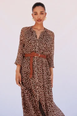 Cortefiel Vestidos-Vestido camisa estampado com cinto Castanho