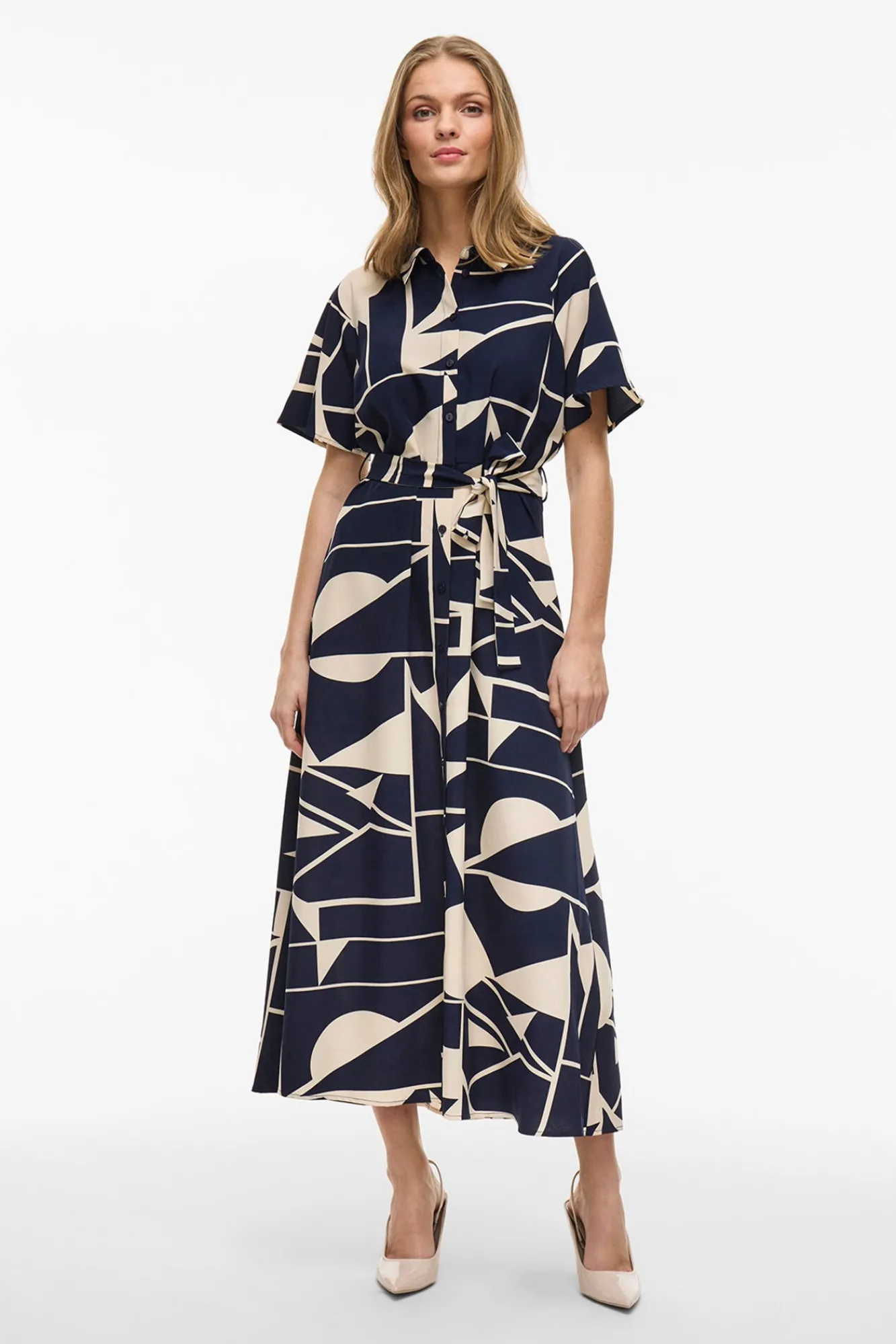 Vila Vestidos-Vestido camisa midi com nó Azul