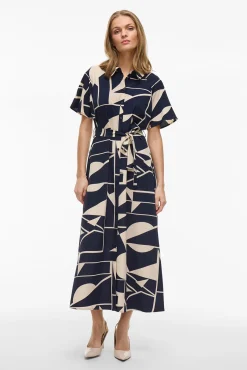 Vila Vestidos-Vestido camisa midi com nó Azul