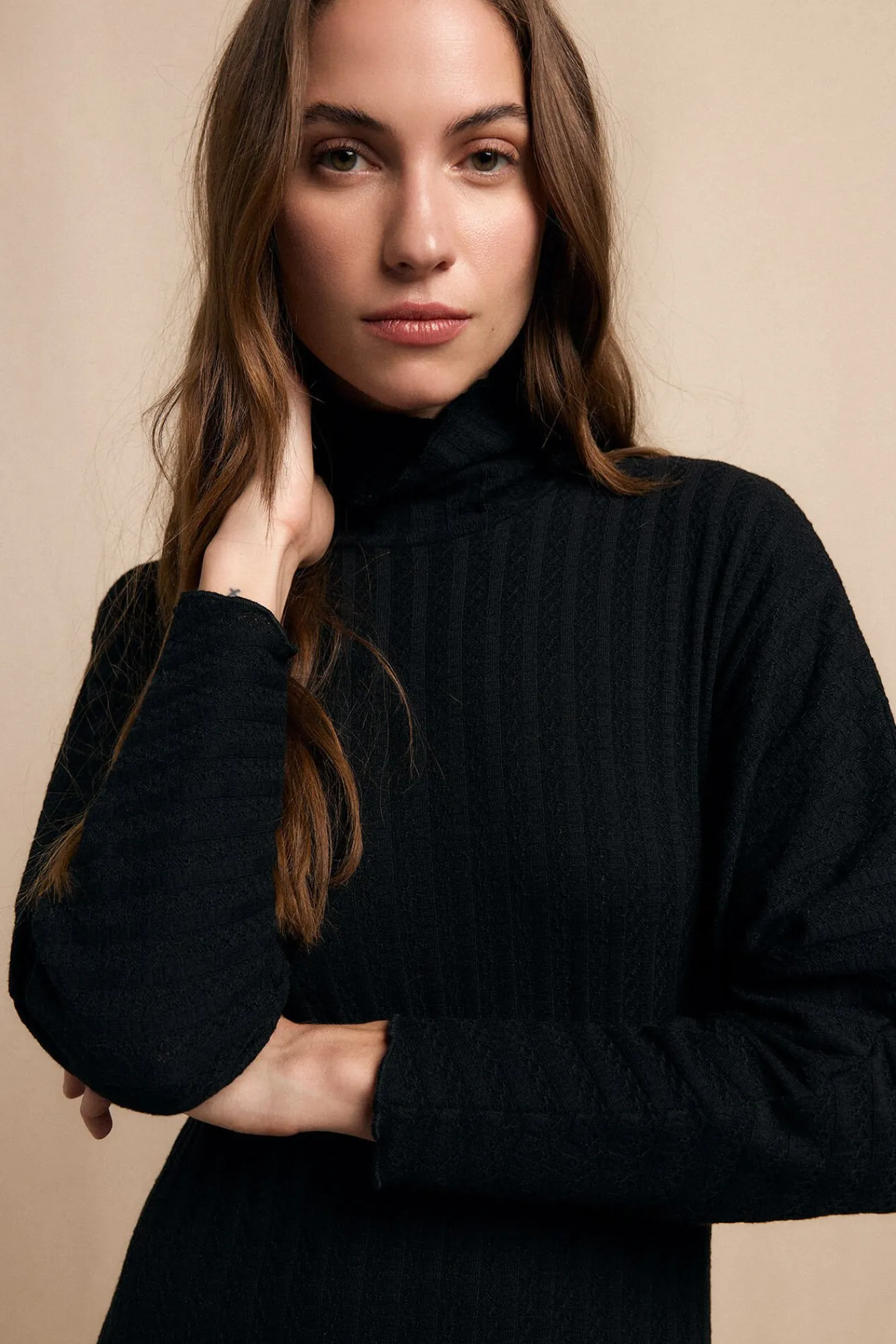 Slowlove Vestidos-Vestido canelado de gola alta Preto