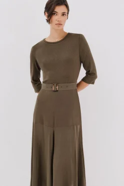 Cortefiel Vestidos-Vestido combinado com cinto Verde