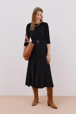 Cortefiel Vestidos-Vestido combinado com cinto Preto