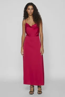 Vila Vestidos|Camisolas-Vestido comprido acetinado com decote drapeado Vermelho