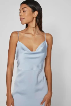 Vila Vestidos|Camisolas-Vestido comprido acetinado com decote drapeado Azul