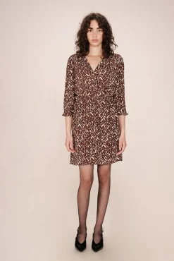 Grace & Mila Vestidos-Vestido curto de manga 3/4 com decote em V e estampado abstrata bicolor Castanho