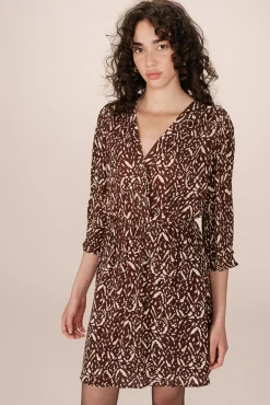 Grace & Mila Vestidos-Vestido curto de manga 3/4 com decote em V e estampado abstrata bicolor Castanho