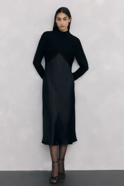 Pedro del Hierro Vestidos-Vestido de cetim combinado com top de malha lurex Preto