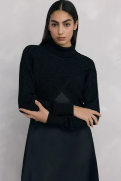 Pedro del Hierro Vestidos-Vestido de cetim combinado com top de malha lurex Preto