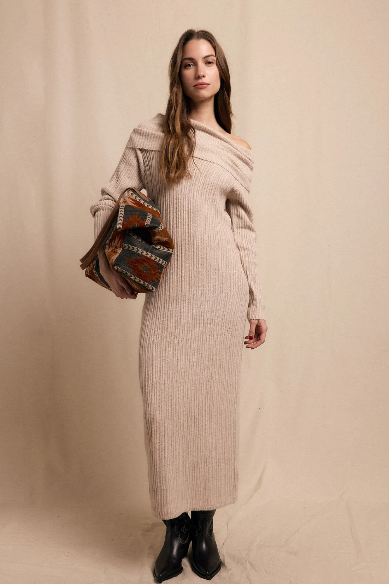 Slowlove Vestidos-Vestido de malha com gola larga Tostado