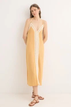 Cortefiel Vestidos-Vestido de renda de algodão contrastante Amarelo