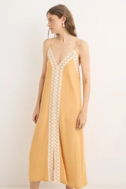 Cortefiel Vestidos-Vestido de renda de algodão contrastante Amarelo