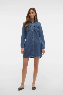 Vero Moda Vestidos-Vestido jeans curto de manga comprida Azul