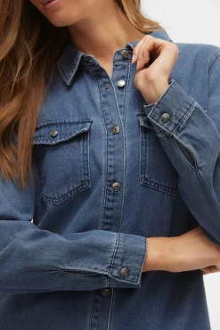 Vero Moda Vestidos-Vestido jeans curto de manga comprida Azul