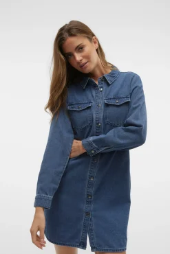 Vero Moda Vestidos-Vestido jeans curto de manga comprida Azul