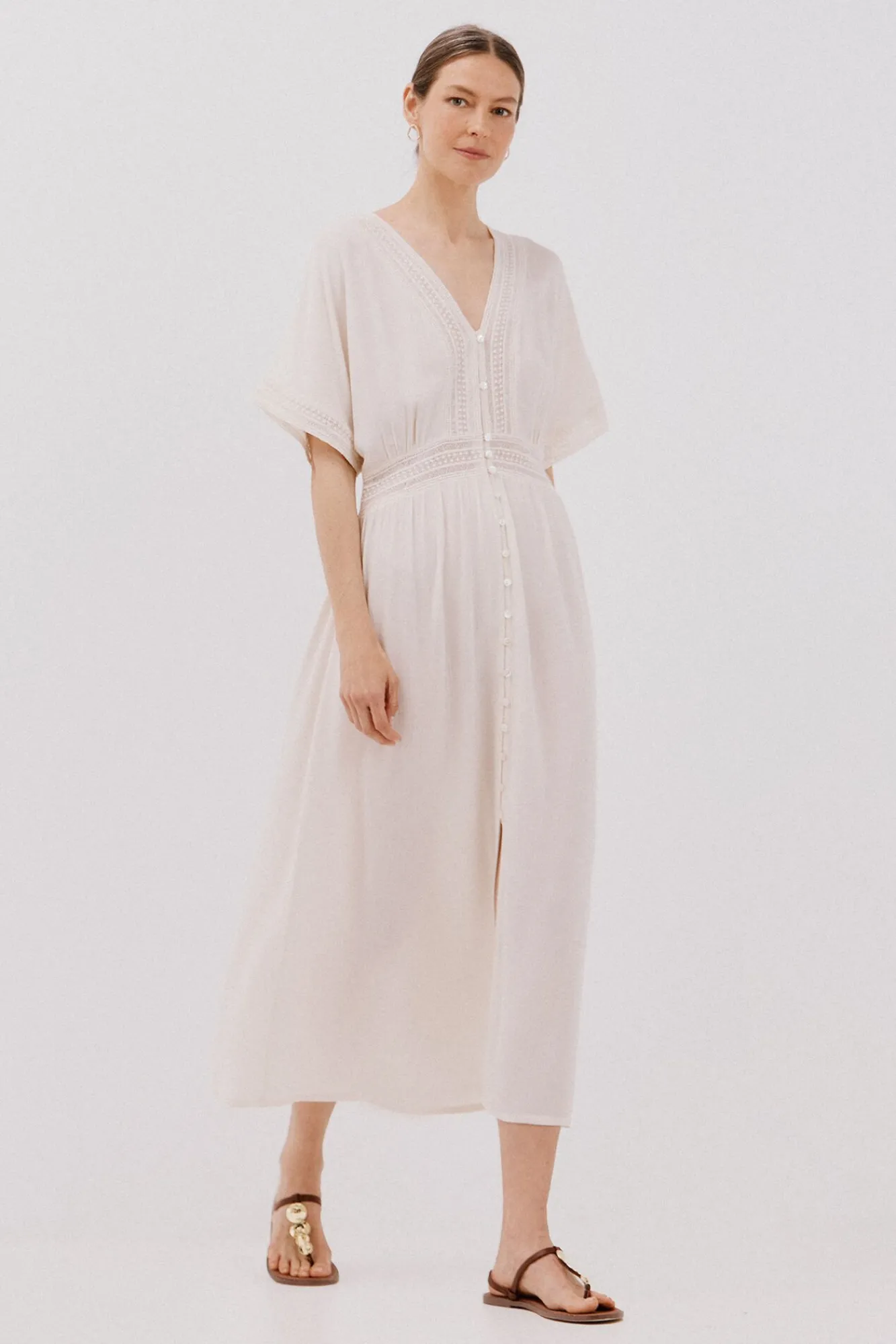 Cortefiel Vestidos-Vestido longo de renda Castanho