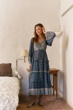 Jaase Vestidos-Vestido longo Luciana com estampado Nico Azul