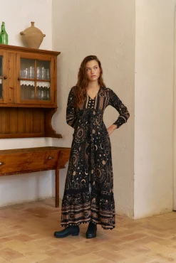 Jaase Vestidos-Vestido longo Sabrina com estampado Astrid Preto