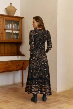 Jaase Vestidos-Vestido longo Sabrina com estampado Astrid Preto