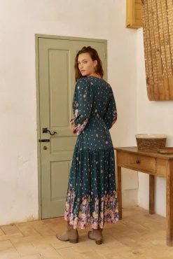 Jaase Vestidos-Vestido longo Teresa com estampado de ruibarbo Azul
