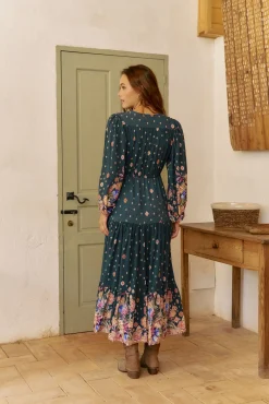 Jaase Vestidos-Vestido longo Teresa com estampado de ruibarbo Azul