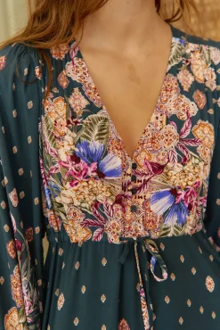 Jaase Vestidos-Vestido longo Teresa com estampado de ruibarbo Azul