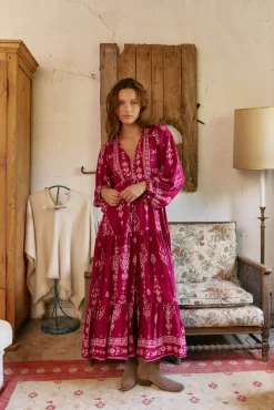 Jaase Vestidos-Vestido longo Teresa com estampado de ruibarbo Granada