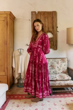 Jaase Vestidos-Vestido longo Teresa com estampado de ruibarbo Granada