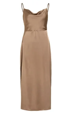 Vila Vestidos-Vestido midi acetinado Castanho