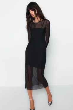 Trendyol Vestidos-Vestido midi ajustado preto