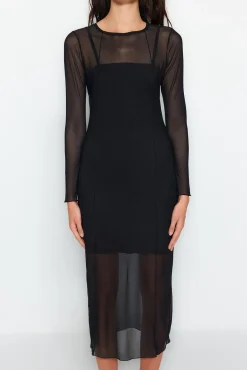 Trendyol Vestidos-Vestido midi ajustado preto
