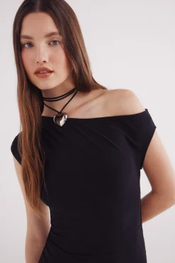 Springfield Vestidos-Vestido midi com decote assimétrico preto