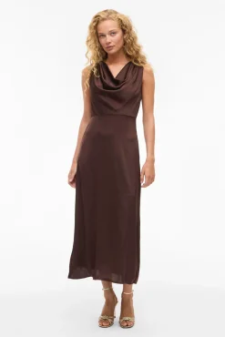 Vila Vestidos-Vestido midi de cetim Castanho