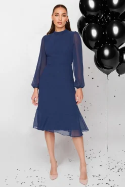 Trendyol Vestidos-Vestido midi de gola alta azul