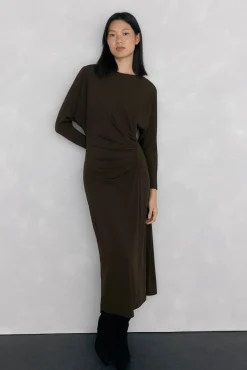 Pedro del Hierro Vestidos-Vestido midi de malha manga comprida com malha franzida Marrom